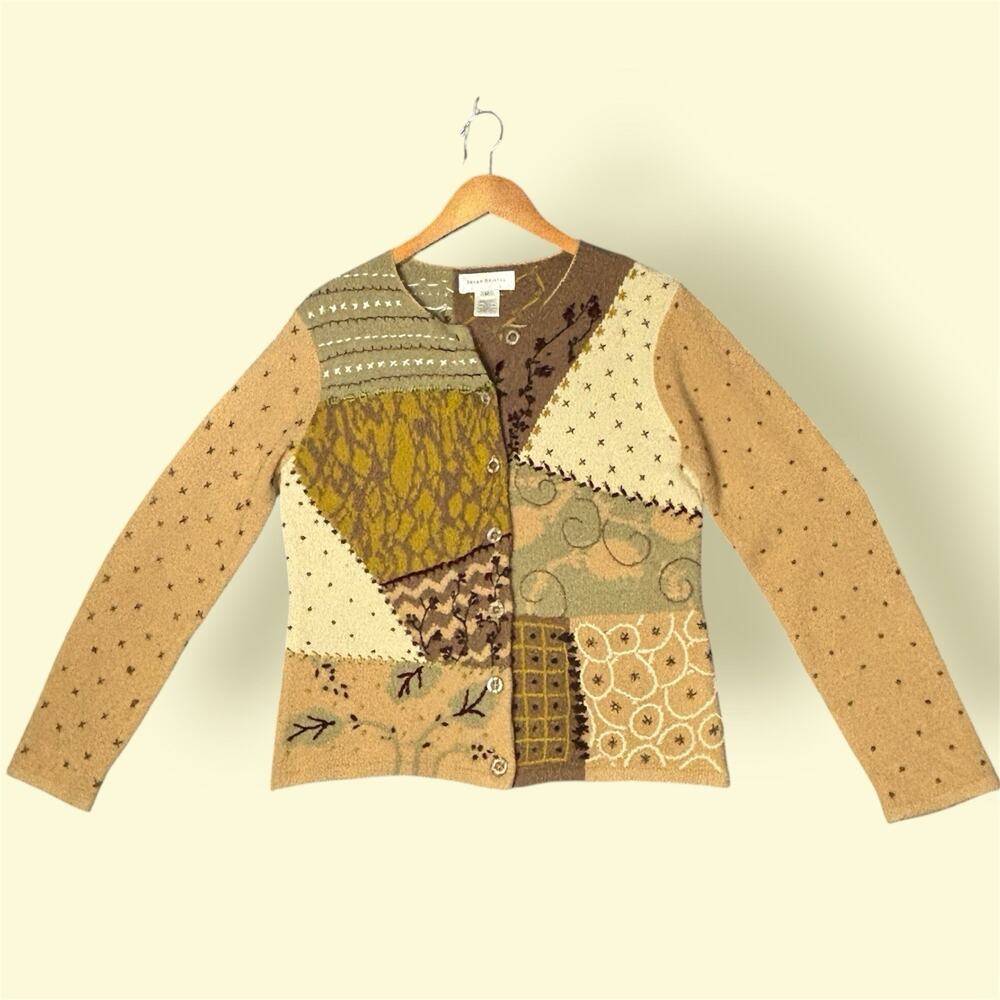 Susan Bristol Patchwork Cardigan Sweater M Hand Embroidered Cottagecore Boho